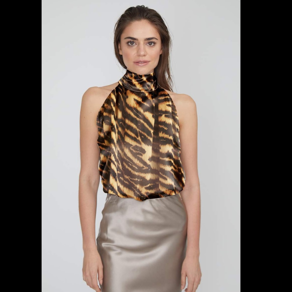 100% Silk Halter Top Animal Tiger Print Sexy Chic